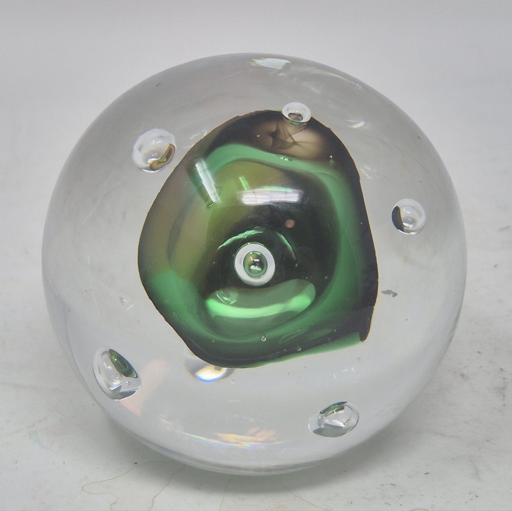 Clear Glass Paperweight With Green And Orange Irridecent Center